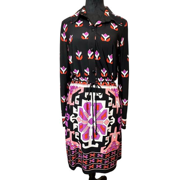 Muse Dresses & Skirts - Muse Geometric Print Midi Shirt Dress Beaded Waist Tie Size 12 (Fits 8/10) EUC